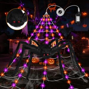 Halloween Spider Web Lights Decoration: 250 LED 16.4Ft Giant Light Up Spider Web Outdoor with 8 Lighting Modes, 5FT Large Spider, Stretch Cobweb for Yard Garden Haunted House Lighted Decor