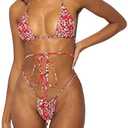 Women Halter String Bikini Set Sexy Thong Cheeky Two Piece Swimsuits Solid Color Bathing Swimwear (Small, Red Flower
)