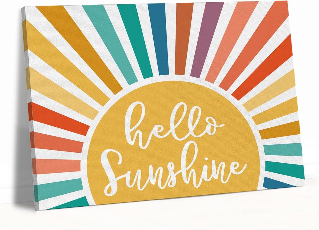Boho Hello Sunshine Sign Canvas Wall Art Prints Painting Decor 1114 Inches, Colorful Sun Sunset Sunrise Sunshine Print Framed Artwork For Home Bedroom Living Room Girls Room