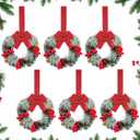 6 Pcs Christmas Small Cabinet Wreaths for Kitchen with Ribbon 8 Inches Mini Christmas Farmhouse Artificial Pine Cone Hanging Wreath for Front Door Window (Red)