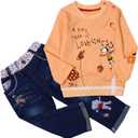MAXIMGR Toddler Girl Clothes Baby Girl Outfits Cute Long Sleeve Cartoon Top + Jeans Pants Fall Winter Girls Clothing Sets (6 Years, Light Orange)