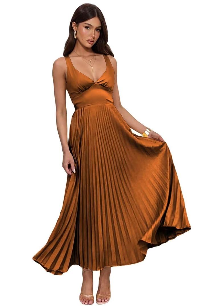 Pleated Satin Bridesmaid Dress V-Neck Formal Party Dresses for Women, Size 10