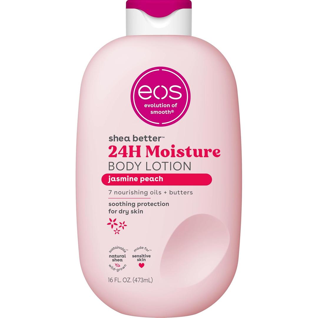 eos Shea Better Body Lotion Jasmine Peach, 24-Hour Moisture Skin Care, Lightweight & Non-Greasy, Natural Shea, Vegan, 16 fl oz