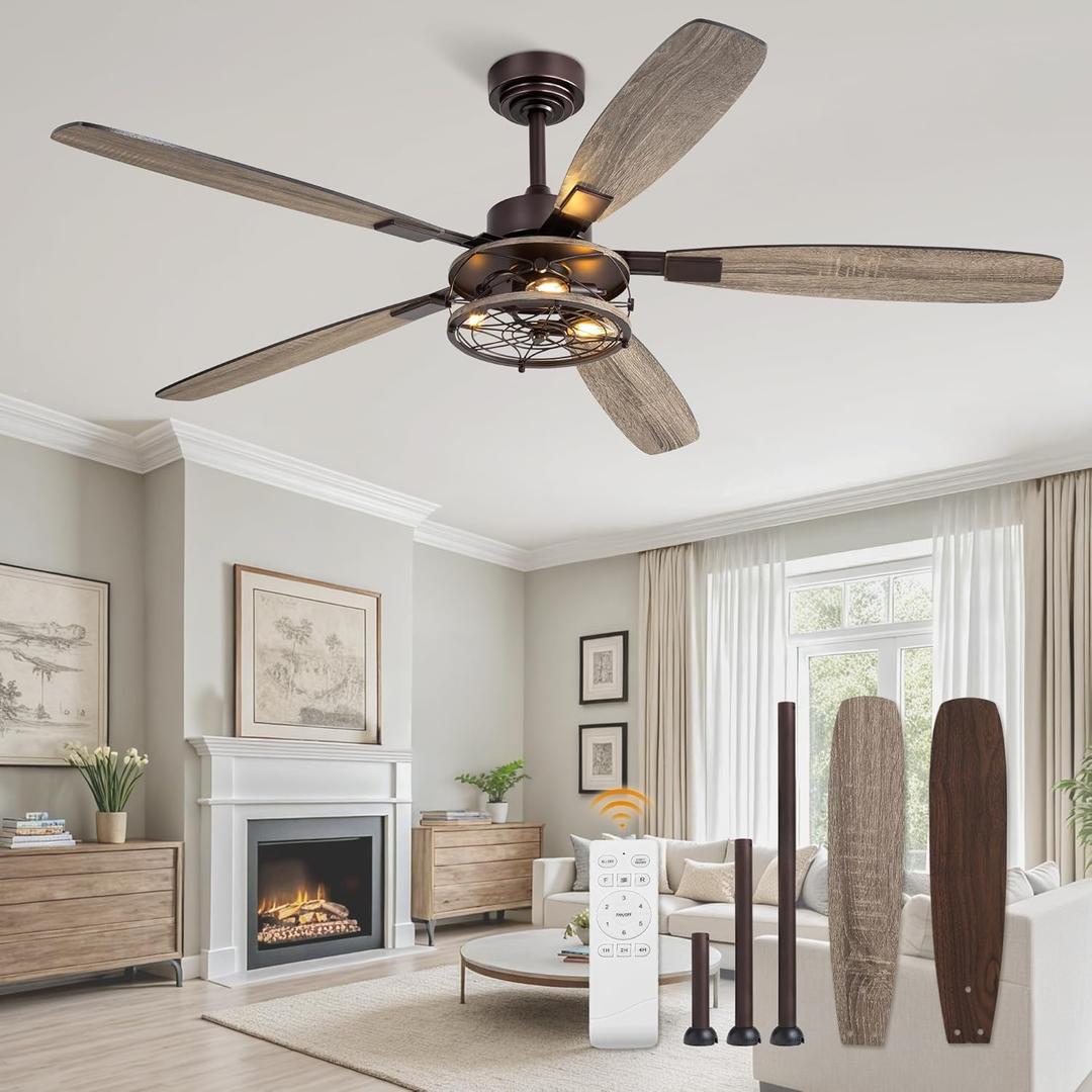 60 Inch Farmhouse Ceiling Fan with Light and Remote, Oil Bronze Industrial Flush Mount Ceiling Fans with 6 Speed Reversible Motor and Dual Finish 5 Blades, Rustic Ceiling Fan for Living room, Bedroom