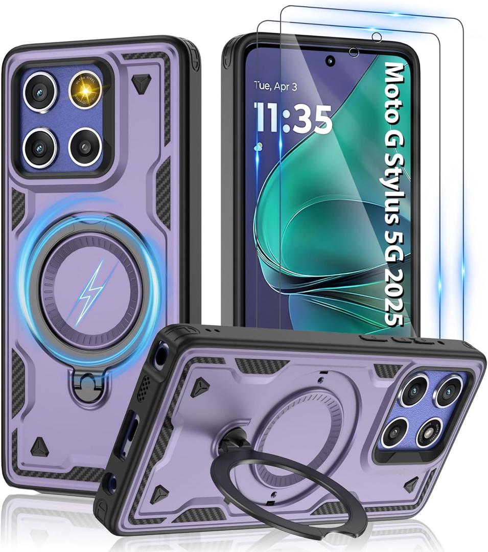 For Moto G Stylus 5G 2025 Magnetic Case,Compatible with MagSafe & HD Screen Protector,Metal Rotated Kickstand,Military Grade Drop Proof Anti-Fingerprint Protective,Moto G Stylus 5G 2025,Purple
