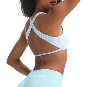 Aoxjox Women's Workout Sports Bras Square Neck Emma Cross Back Fitness Padded Training Gym Bra Yoga Crop Tank Top (Airy Blue, X-Small)