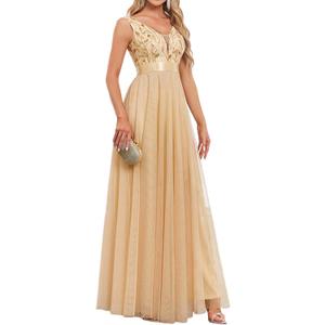 Women's Formal Dresses Long Evening Gowns Tulle V Neck Sleeveless Sparkly Sequin Cocktail Party Wedding Guest Dress, Medium 