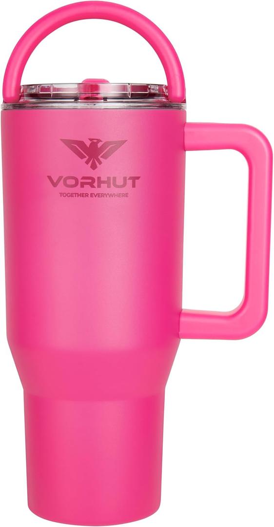 30 oz Tumbler with Handle - Insulated Stainless Steel Coffee Tumbler with Lid and Straw - Leak Proof Travel Mug - Dishwasher Safe - Insulated Cup for Hot & Cold Beverages - Magenta