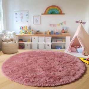ONASAR Blush Round Rugs 6ft for Living Room Bedroom, Fluffy Circle Area Rug for Kids Girls Boys Teen, Soft Plush Shaggy Carpet for Nursery Dorm Classroom Playroom Home Decor Aesthetic
