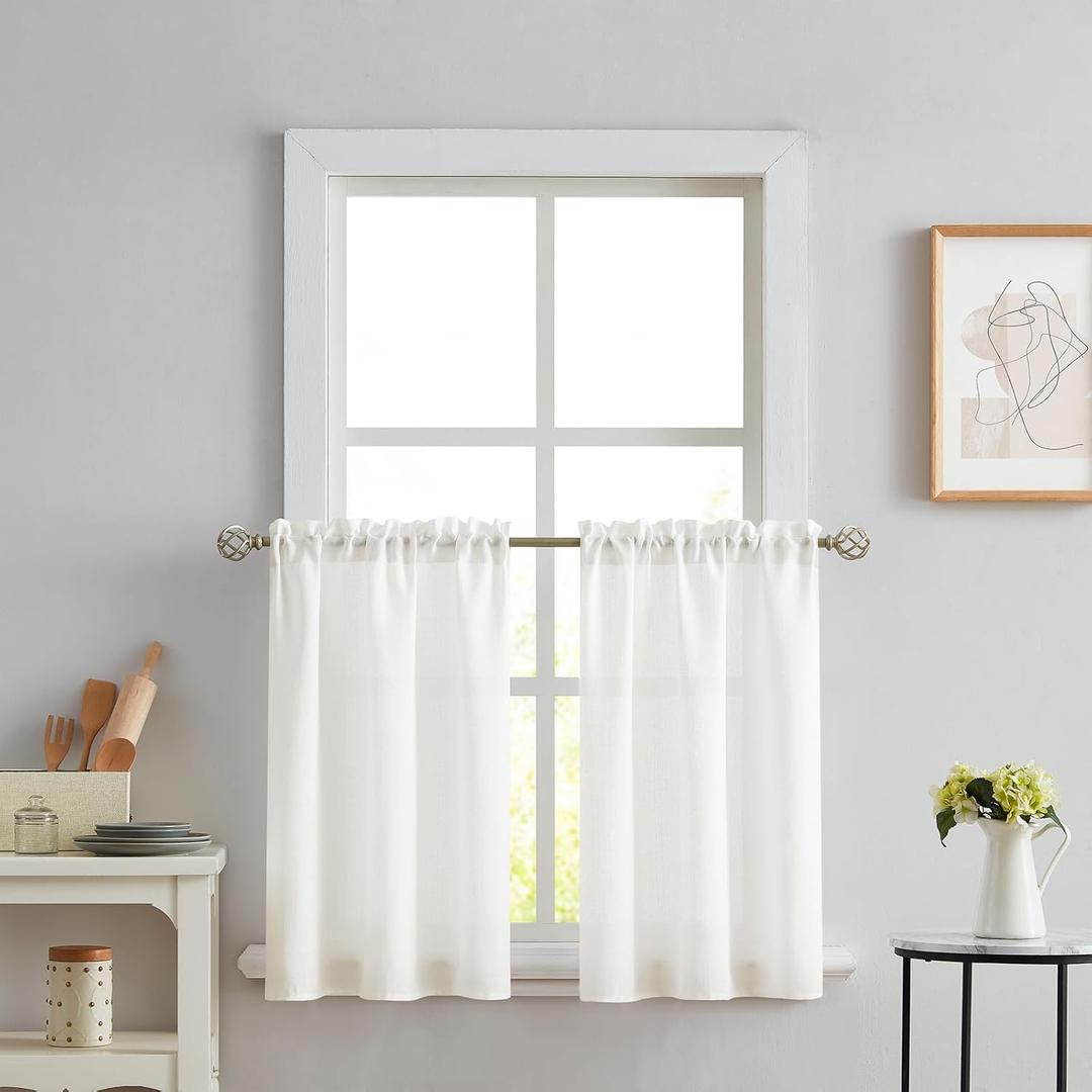 Melodieux Ivory Semi Sheer Tier Curtains 36 Inch Length for Kitchen Cafe Bedroom Small Windows, Linen Look Rod Pocket Short Curtain Tiers Voile Drapes, 2 Panels