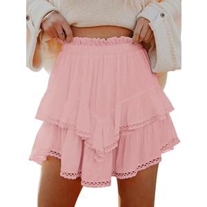 MIFOCAL Flowy Shorts for Women Casual Boho Ruffle Tiered Skorts High Waist Mini Skirts Golf Tennis Crochet Shorts, 2XL, Pink