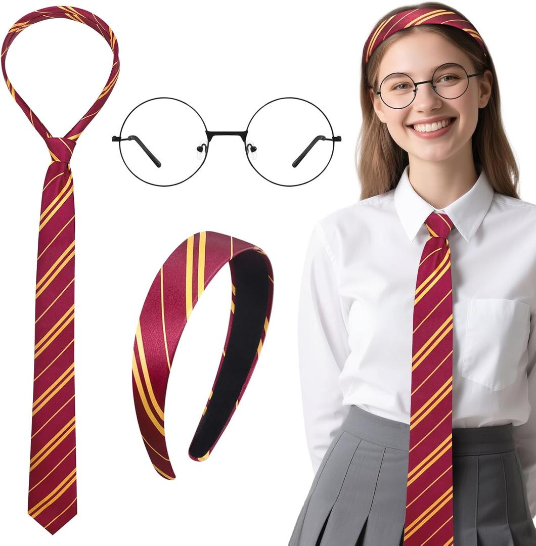 VEKDA Wizard Costume Accessories Burgundy and Yellow Striped Headband,Tie, and Round Glasses Halloween Party Cosplay Set Women 3PCS