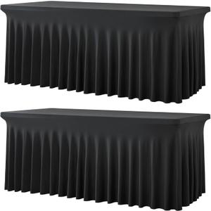 2 Pack Black Spandex Tablecloths for 4 ft Rectangle Tables, Wrinkle Free Fitted Table Covers 4 Foot StretchyTable Cloth with Skirt for Parties Weddings Birthday Banquet Baby Shower