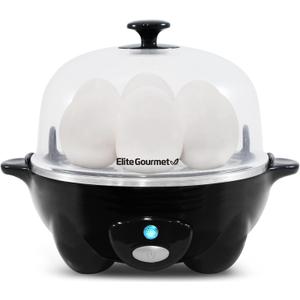 Elite Gourmet EGC-007B# Rapid Egg Cooker, 7 Easy-To-Peel, Hard, Medium, Soft Boiled Eggs, Poacher, Omelet Maker, Auto Shut-Off, Alarm, 16-Recipe Booklet, Black