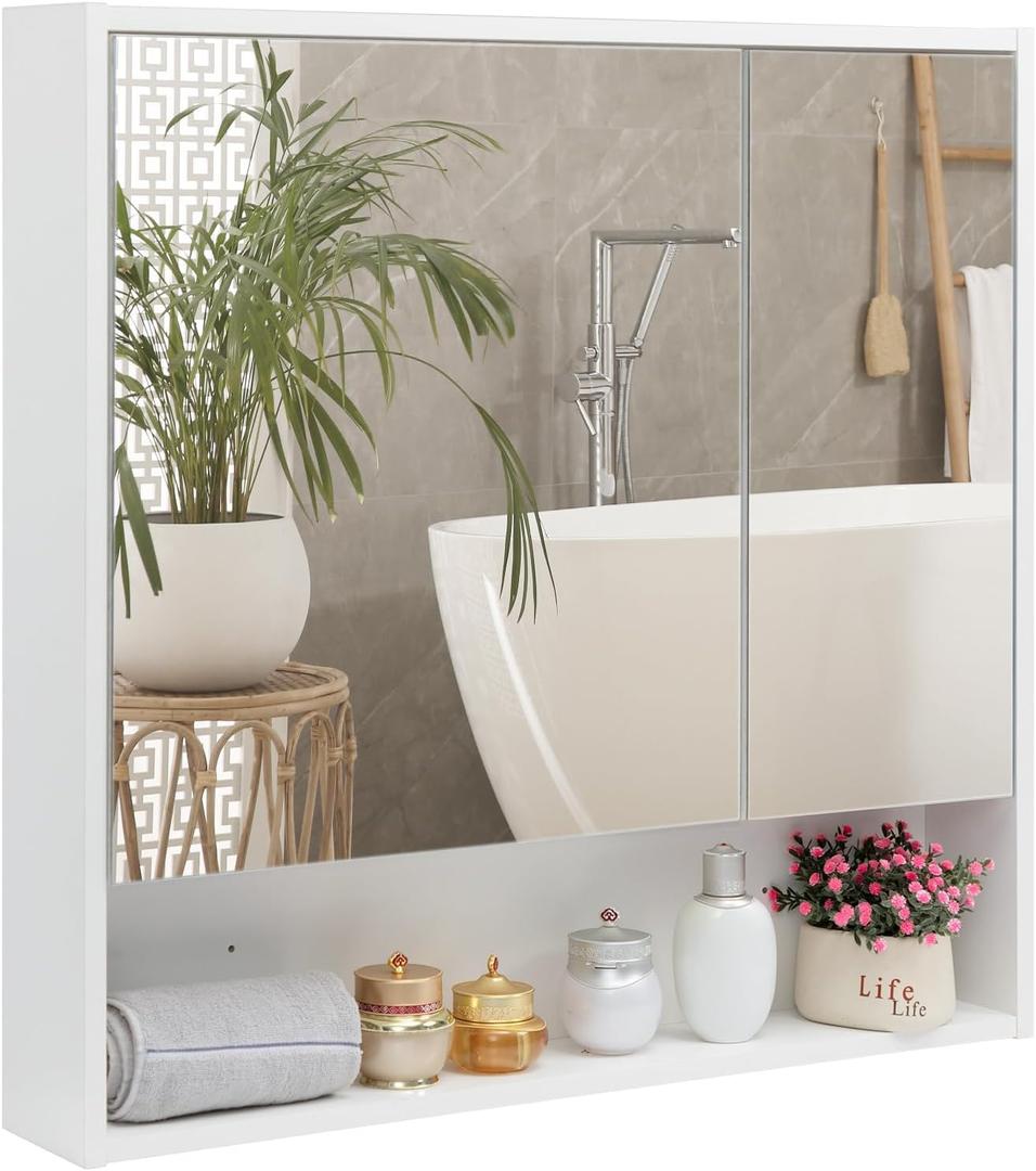 ALIMORDEN Medicine Cabinet with Mirror and Shelves, Bathroom Wood Wall Cabinet Over The Toilet, Vanity, Recessed or Surface Mount, 30.07 Inch x 30 Inch, White, 30.07 Inches X 30 Inches X 4.7 Inches