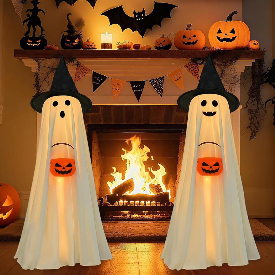 Halloween Decorations-2 Pack Light-Up Sherpa Ghosts with Pumpkin Halloween Decor Indoor Cute Ghost Tabletop Decor for Party Home Kitchen and Fireplace