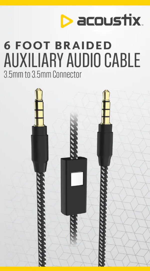 ACOUSTIX 6 Foot Braid Auxiliary Audio Cable 3.5mm to 3.5mm Connector