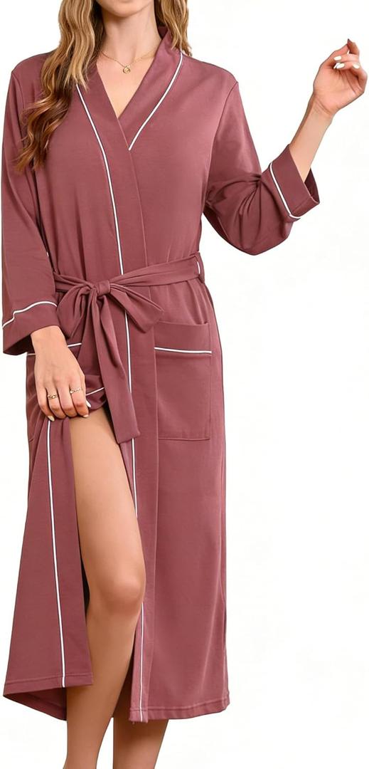 HEARTNICE Womens 100% Cotton Robe, Soft Kimono Spa Long Bathrobe Lightweight Loungewear (Pink, L)