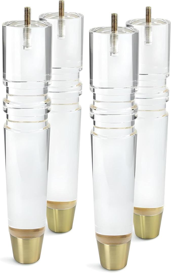 JEREVER 12 Inch Acrylic Furniture Legs Set of 4, Cabinet TV Stand Bench Replacement Leg Home DIY Projects Modern Clear Decor (Clear/Gold Feet)