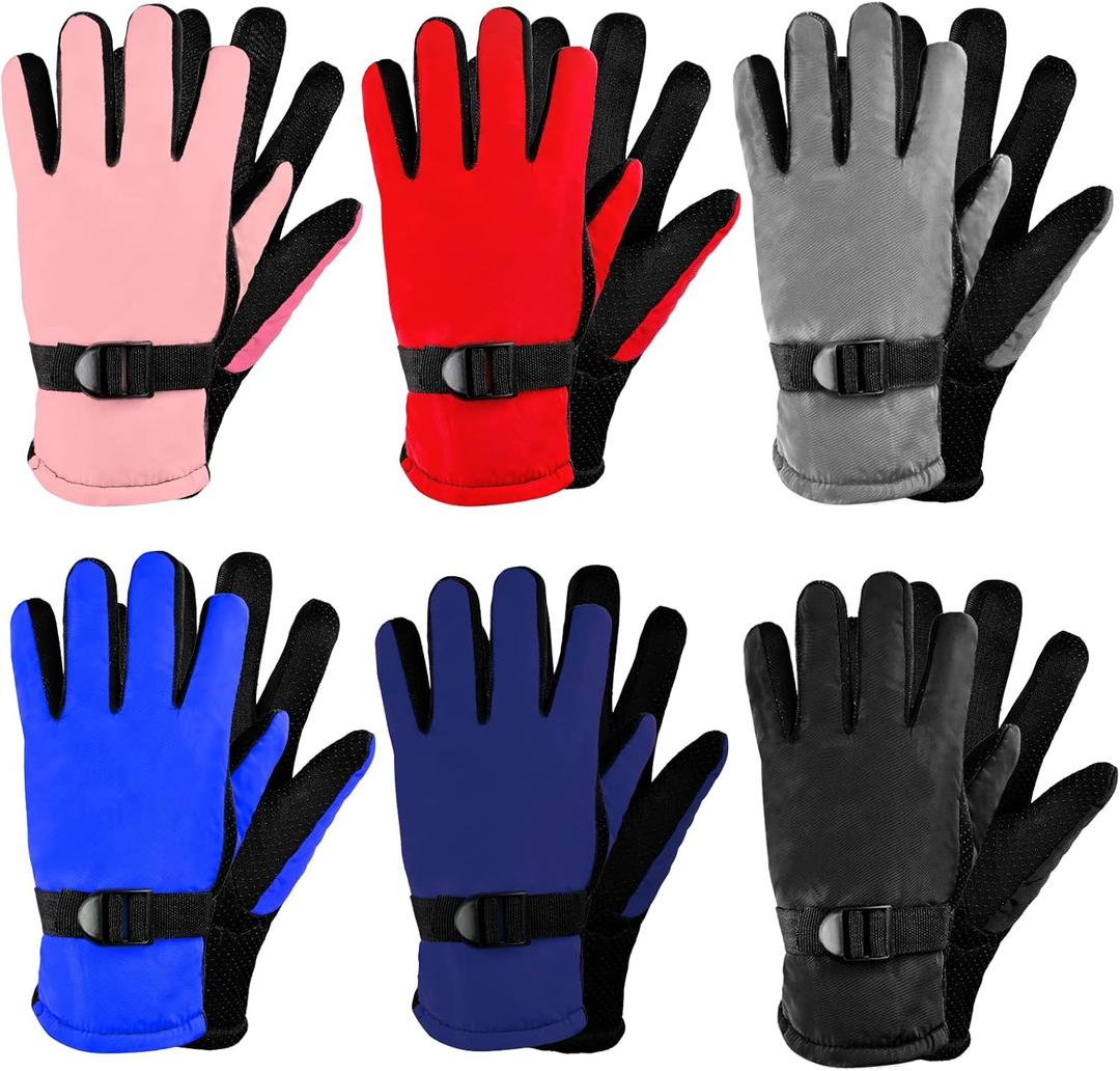 SATINIOR 6 Pairs Winter Gloves Kids Waterproof Ski Gloves Snow Warm Full Finger Snowboard Unisex Gloves for Cold Weather Boys (7-12 Years, Simple Colors)