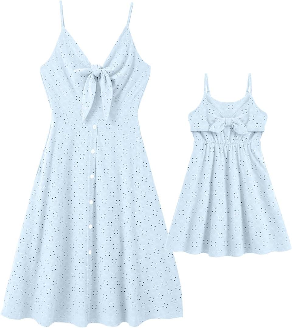IFFEI Mommy and Me Matching Dresses Womens Eyelet Lace Midi Sundress Sleeveless Summer Dress for Casual Holiday Outfits (8-9 Years, Blue)