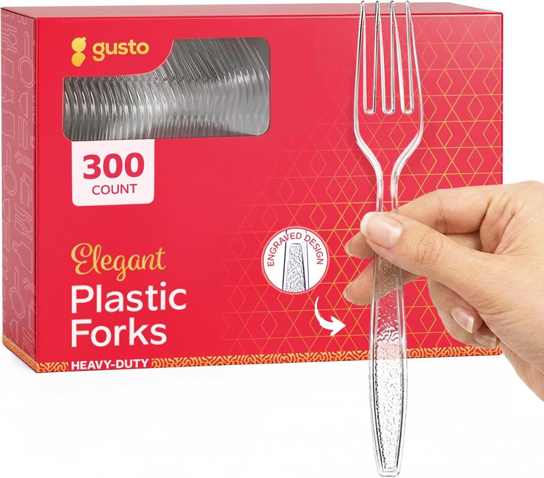 GUSTO [300 Pack] Heavyweight Clear Plastic Forks with Engraved Design - Disposable Sturdy Plastic Utensils for Parties, Weddings, and Events (Formerly Comfy Package)