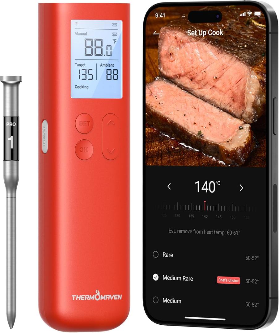 ThermoMaven Smart Bluetooth Wireless Meat Thermometer, 10X Enhanced Sub-1G Signal and Stability, Standalone Display Base, Certified Accuracy 0.5F, WiFi Unlimited Range for BBQ, Oven, Smoker, Grill