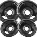 GE Black Stove Drip Pans, 10% Energy Save by Enamel Spraying Prevent Bending and Rust - Include 2 6'' Burner Drip Pans and 2 8'' Drip Bowl