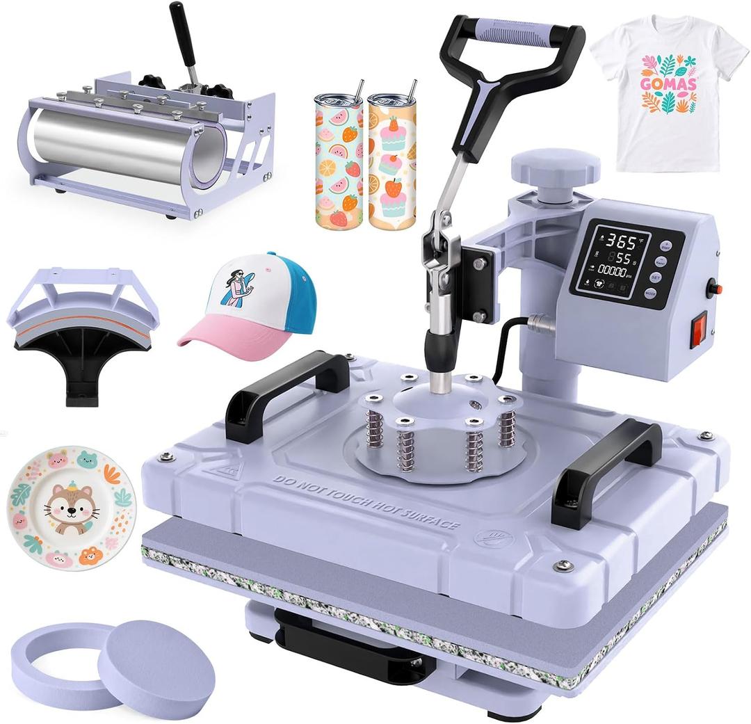 Slendor Heat Press Machine Sublimation Heat Press 360 Swing Away Heat Transfer Digital T-Shirt Pressing with 30OZ 20OZ Tumbler Press, Multifunction Combo for Hat Cap Plate 12''X15'' 5IN1 Lavender