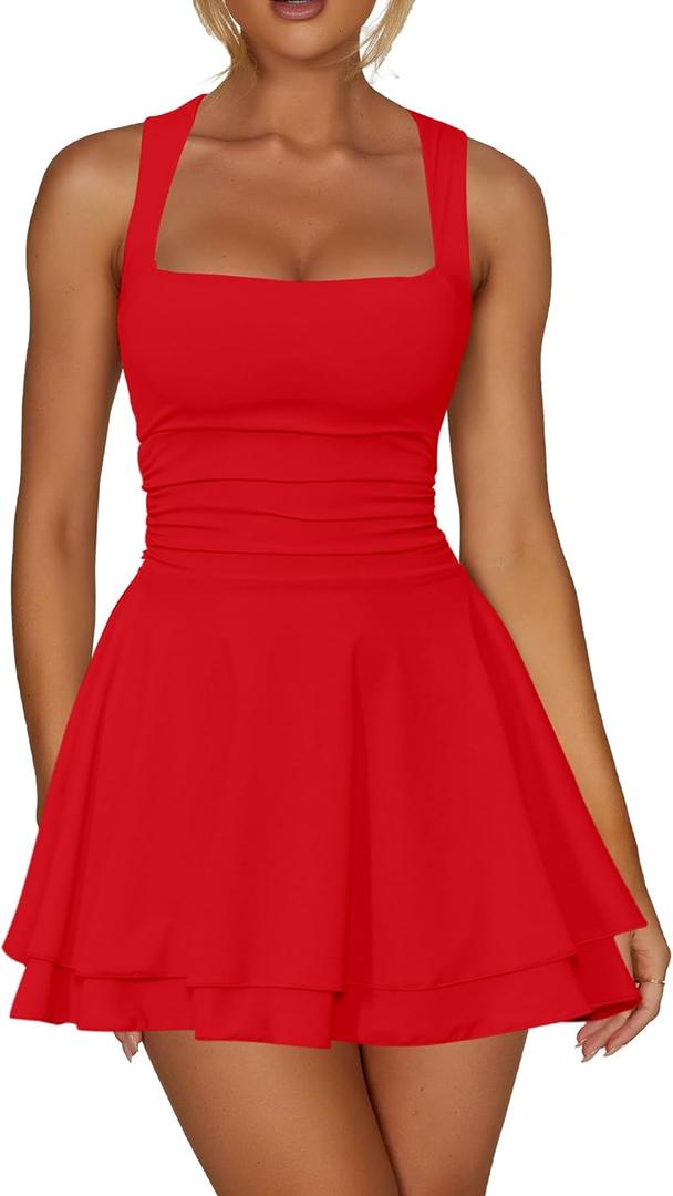 Kaximil Women's Square Neck Ruffle Hem Mini Dress Ruched Waist Short Party Dresses (Medium, Red)
