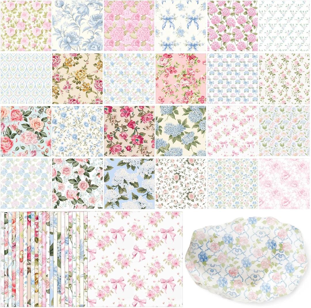 Tenceur 48 Pack 24 Style Assorted Floral Decoupage Napkins Decorative Toile Tissue Paper Pretty Flower Cocktail Napkin for Crafting DIY Spring Mothers Day Wedding Party, Each Unfolded 13 Inch