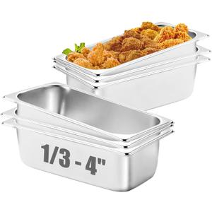 SILUI 6 Pack Food Pan, 1/3 Size 4 Inch Deep Stainless Steel Commercial Hotel Pans, Cafeteria Trays Supplies Catering Storage Containers