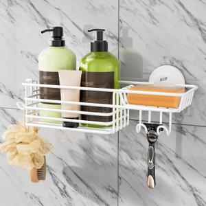 TAILI Shower Caddy Suction Cup with Hooks & Soap Holder, Heavy Duty Bathroom Shower Organizer, No Drilling Shelves for Inside Bathroom, Metal Storage Basket