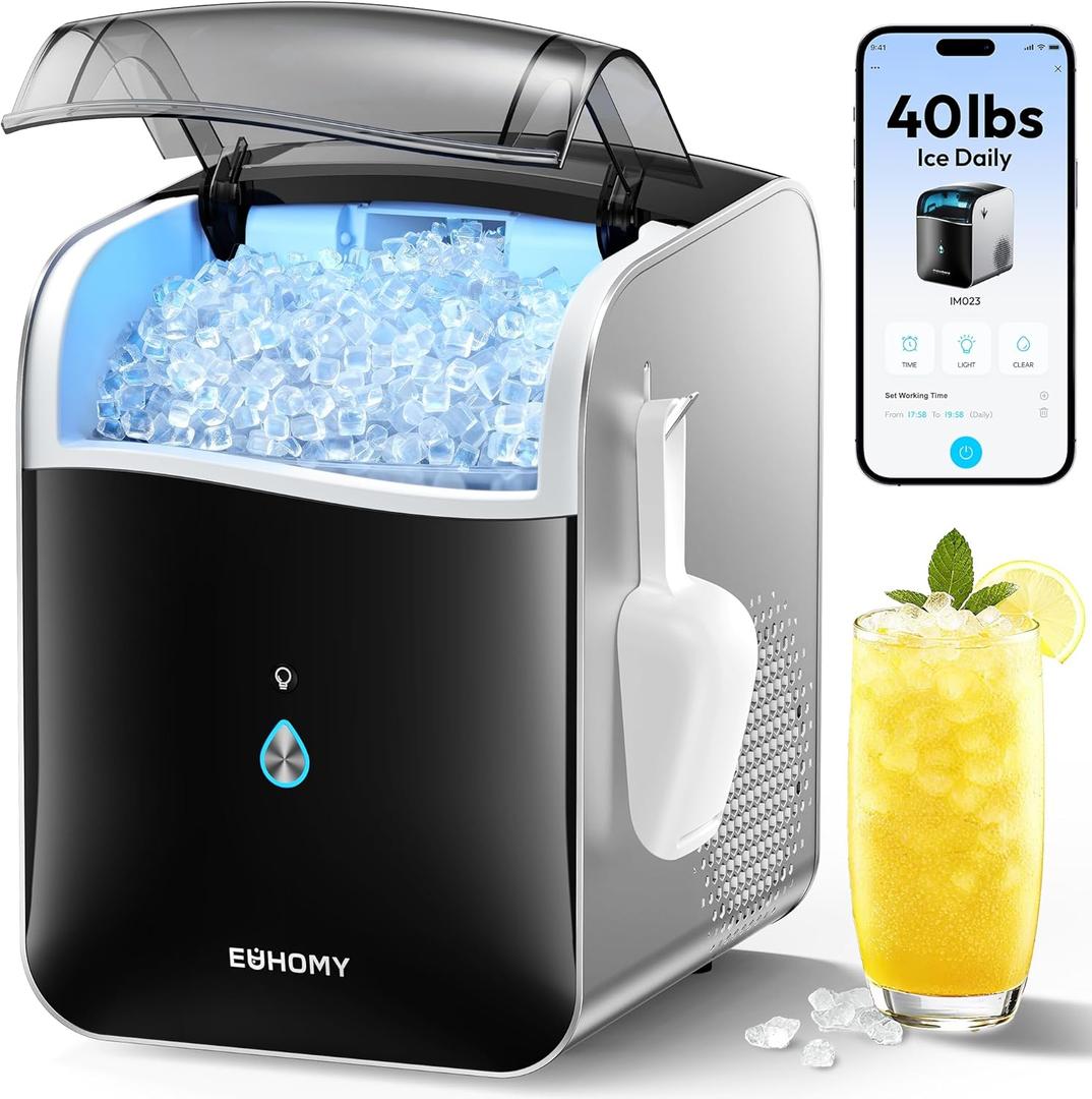 EUHOMY Smart Nugget Ice Maker Countertop, Pebble Ice Maker Machine with APP Control, 40lbs/24H, Ready in 7 Mins, Self-Cleaning, Portable Sonic Ice Makers with Hanging Ice Scoop for Home/Kitchen/Office (Black)