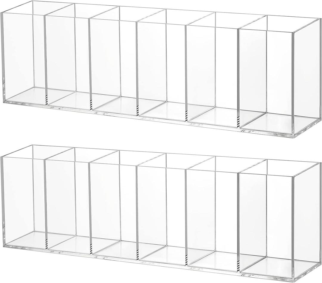 2 Pack Acrylic Makeup Brush Holder 6 Compartments Pencil Organizer Cup Pencil Holder for Desk Pen Organizer Storage Pen Holder for Accessories Cosmetic Brushes Office Bathroom Kitchen Supplies (Clear)