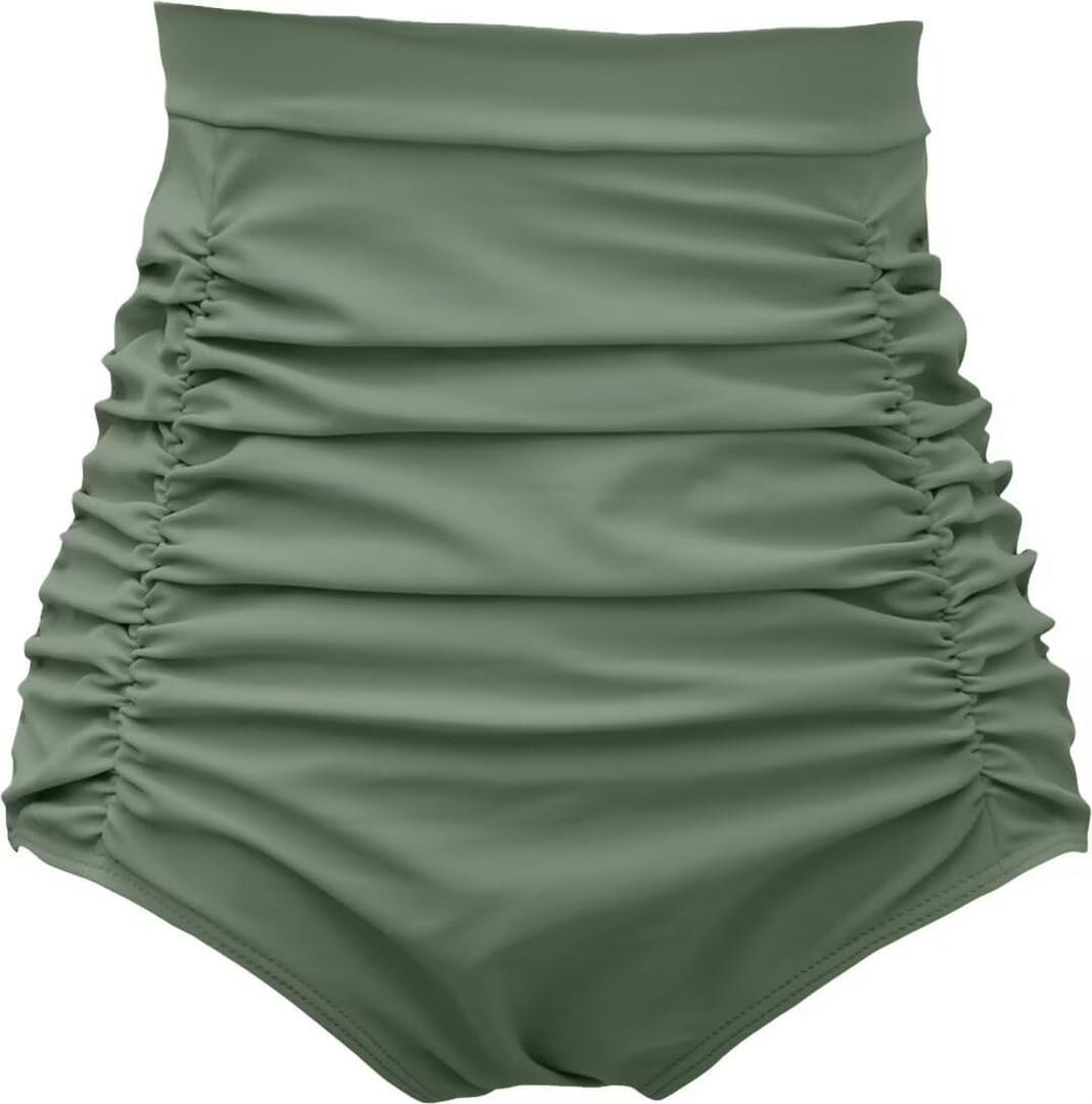 COCOPEAR Women's Ruched High Waisted Bikini Bottom Retro Vintage Swim Short Tankinis (Green, S)