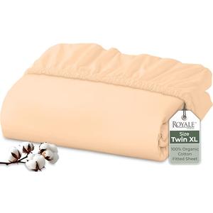 Royale Linens 100% Organic Cotton Fitted Sheet - Percale Weave - Super Soft Deep Pocket Bottom Sheets - Elastic Sheet Twin XL Size - Twin XL Fitted Sheets Only - (39"x80"+15", Sand)