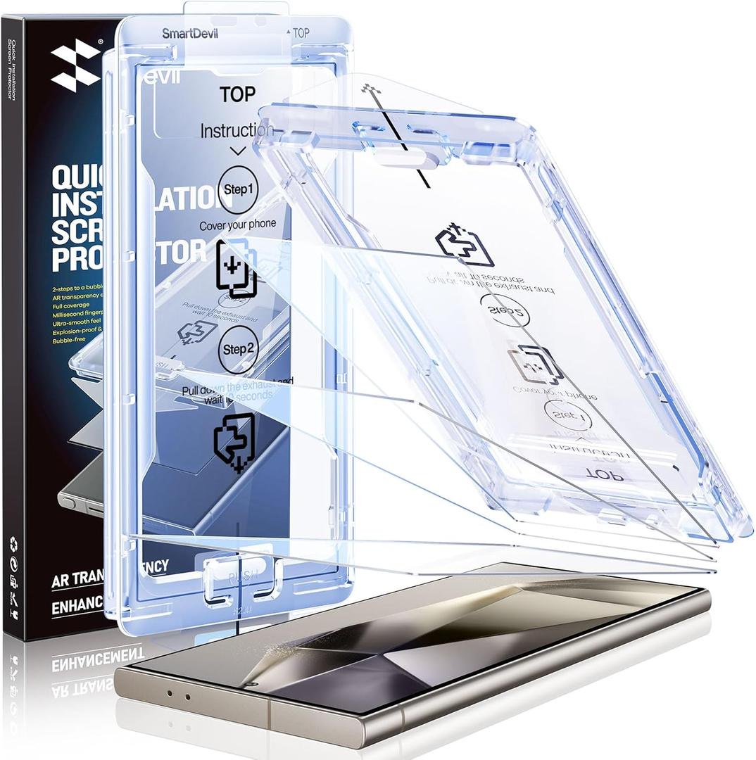 SMARTDEVIL [3 Pack for Samsung Galaxy S24 Ultra Screen Protector, Finger Print Reader Compatible, Fast & Easy Installation, Clear 9H Tempered Glass Film, Alignment Frame [Dust-Free & Bubble-Free]