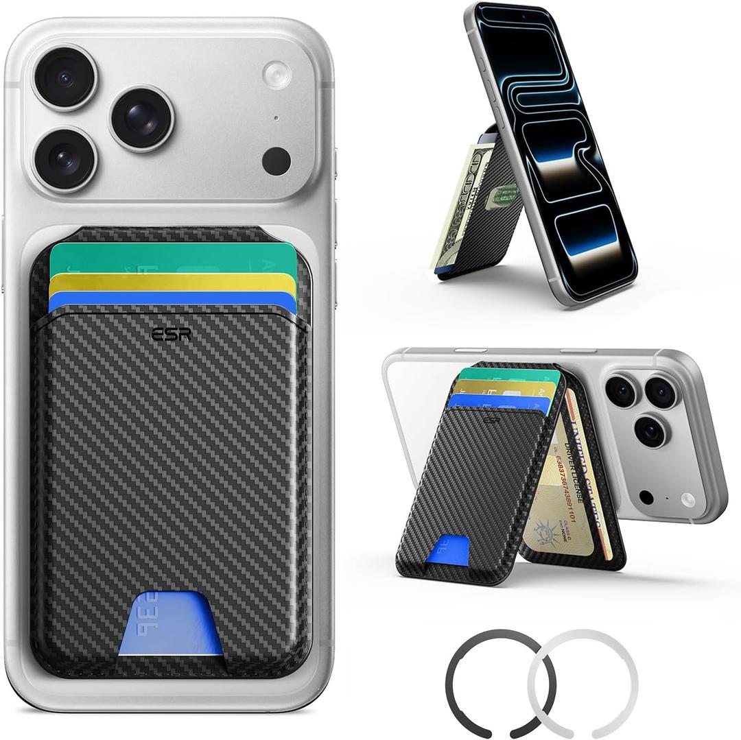ESR for MagSafe Wallet Stand, RFID Blocking w MagSafe Ring, 5 Card Holder for Phone, Leather Magnetic Wallet for iPhone 17e/17/16/15/14/13/12 Series(Not for Mini), Selected Samsung,Black Carbon Fiber
