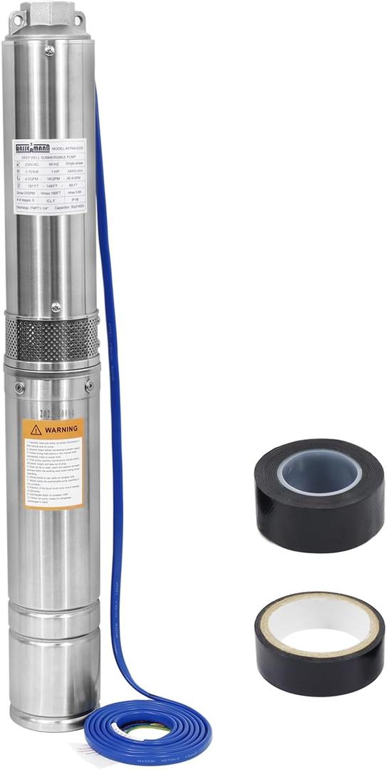 WASSERMANN 4" Deep Well Submersible Pump with 10FT Cable,1HP,115V/60HZ,34GPM,196FT Head,Stainless Steel Single-Phase Water Well Pump for Cities Farmland Irrigation and Home Use