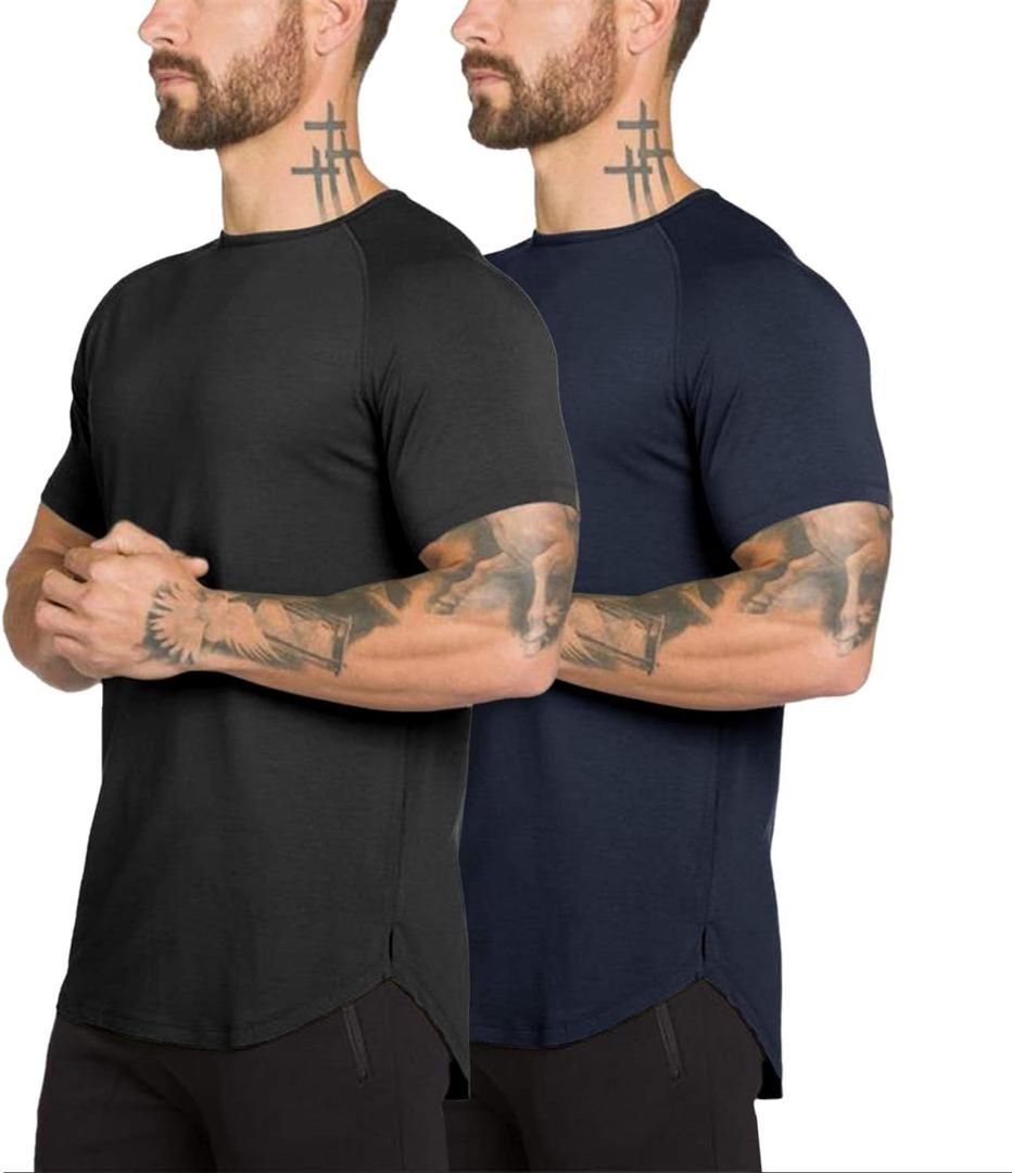 Mens Gym Workout Slim Fit Short Sleeve T-Shirt Cotton Performance Athletic Shirts Running Fitness Tee Loungewear (Dark Blue,Black Medium)