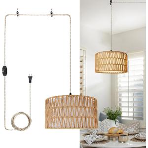 HuisMier Plug in Pendant Light Rattan Hanging Lamp 15 Ft Boho Hanging Lights with Rattan Woven & Fabric 2 in 1 Shade, Dimmable Plug in Pendant Light for Living Room Bedroom Dining Room (Beige and White)
