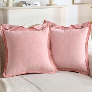 FUTEI Pack of 2 Chenille Buttons Throw Pillow Covers 18x18 Inch Soft Piped Edges Decorative Cushion Case Neutral Farmhouse Accent for Couch Living Room, Pink