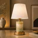 Marble Living Room Lamp, Gold Bedside Lamp with Textured Linen Fabric Shade, Modern Minimalist Nightstand Lamp for Bedroom Living Room Guest Room