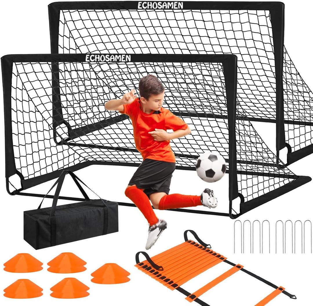Kids Soccer Goals for Backyard, 2 of 6 x 4 ft Kids Soccer Goal Set Soccer Net with 10 Soccer Cones, Agility Ladder & Carry Bag, Portable Soccer Training Equipment. (Black)