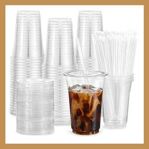 Pokanic Plastic Clear Cups oz with Lids and Straws 100Set Disposable Cold Beverage Drinking Iced Coffee Water Juice Tea Party Travel Cafe Restaurant School Office Home Kitchen ,
