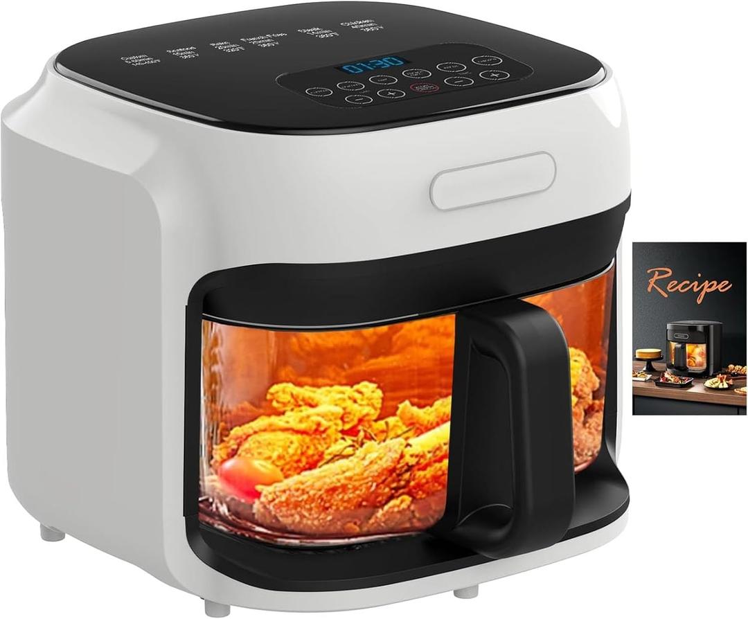 7.4QT Glass Air Fryer with Glass Basket, White