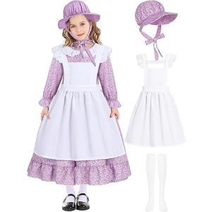 Pioneer Girl Costume Colonial Prairie Costume Dress Kids Pilgrim Costume Outfit Purple Floral Dresses with Apron Socks CA022A-M, Medium