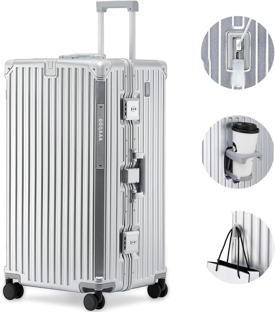 30 Inch Aluminium Frame Luggage, Large Checked Suitcase with Zipperless PC Hard Shell, Spinner Wheels, TSA Approved Lock and Lightweight Aluminum Luggage for Travel (Silver, 30 Inch)