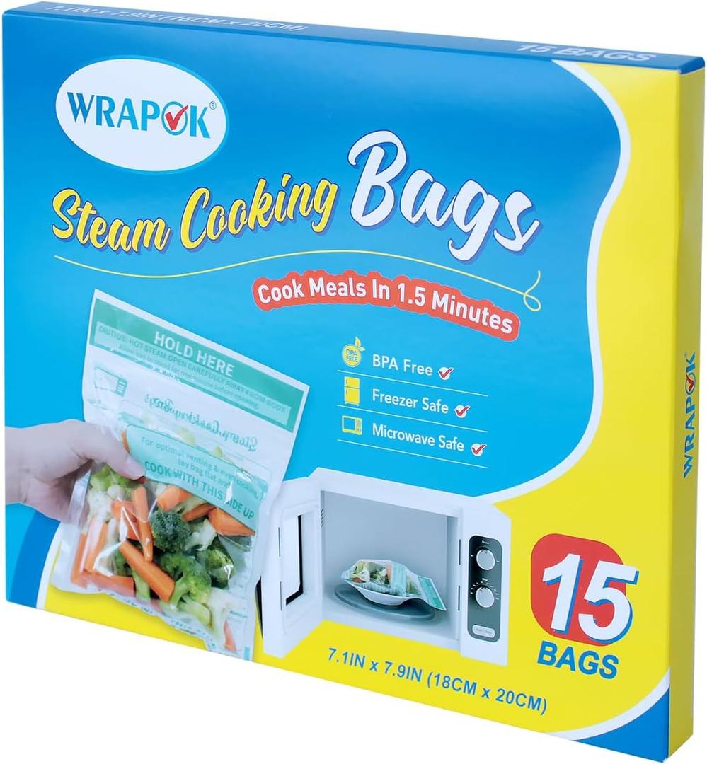 Microwave Steamer Bags 15 Pack Zip Steam Vegetable Cooking Bag for Potatoes Meat, 7.1 X 7.9 Inches